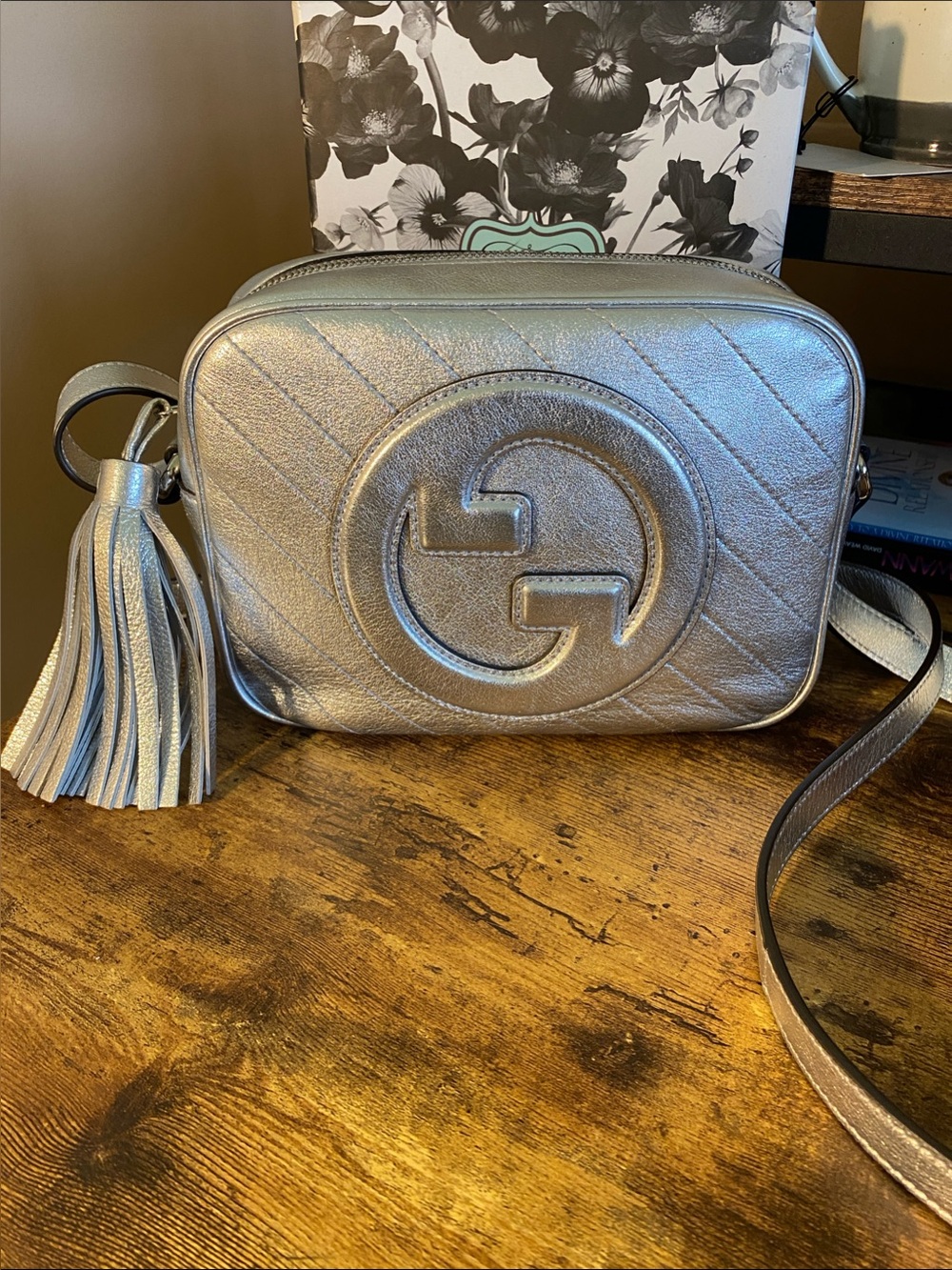 Like New Metallic Silver Authentic Gucci Crossbody Bag with Tassel